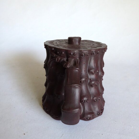 VINTAGE NEW TRADITIONAL CHINESE YIXING LIDDED BAMBOO HANDMADE PURPLE CLAY TEAPOT - Picture 6 of 11